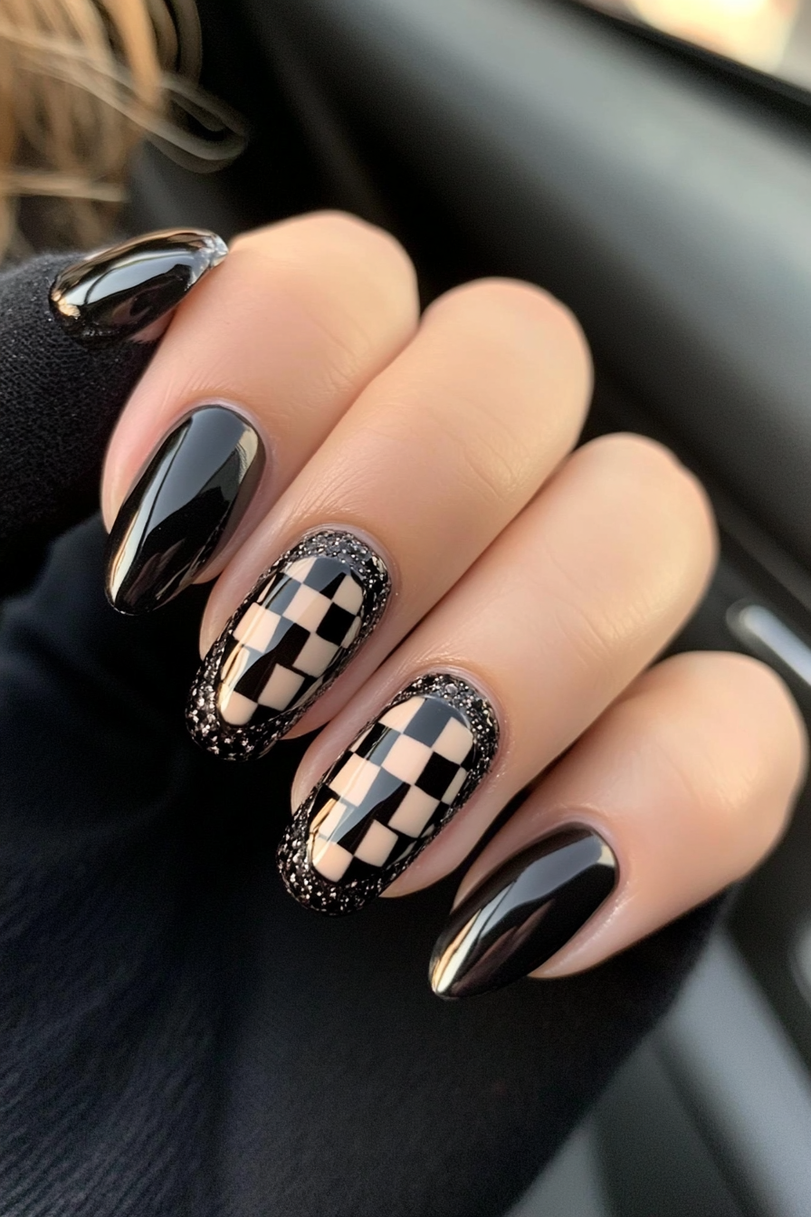 7. Checkerboard Charm (Short Black Nail Design Ideas) - Short Black Nail Design Ideas