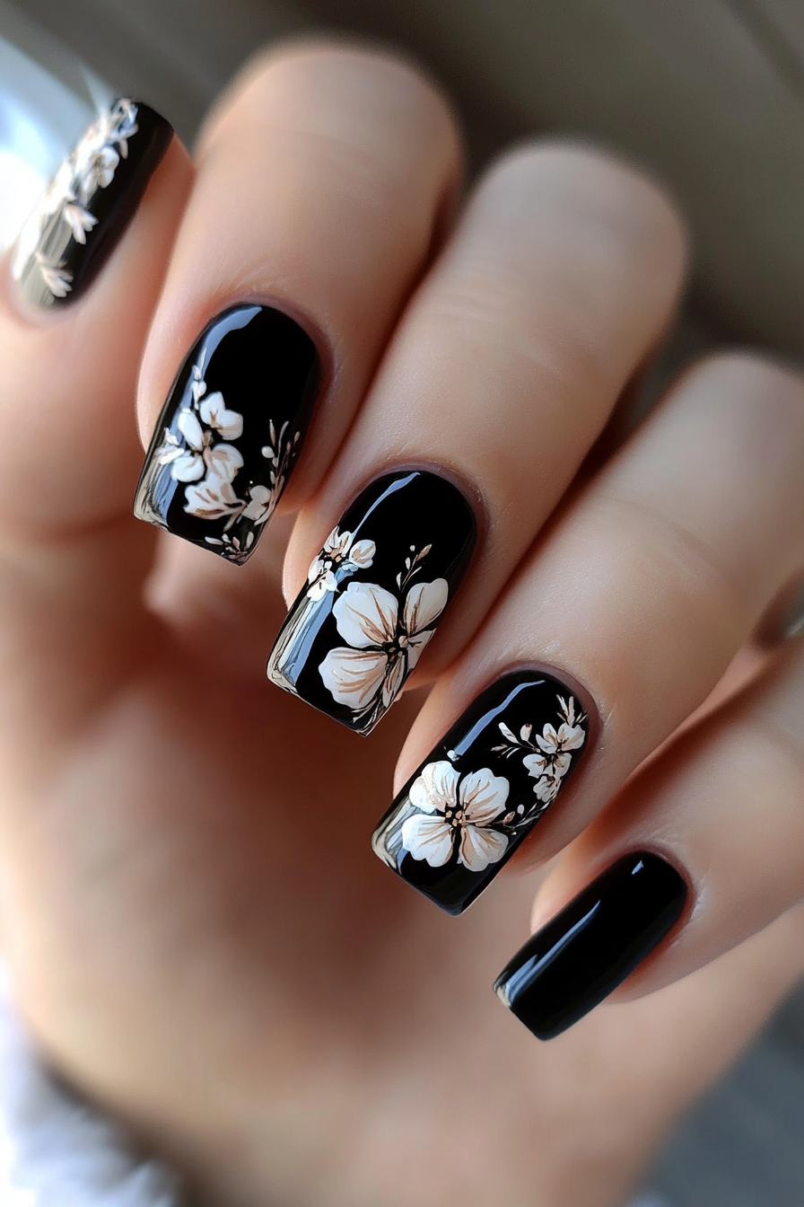 8. Floral Overlay (Short Black Nail Design Ideas) - Short Black Nail Design Ideas
