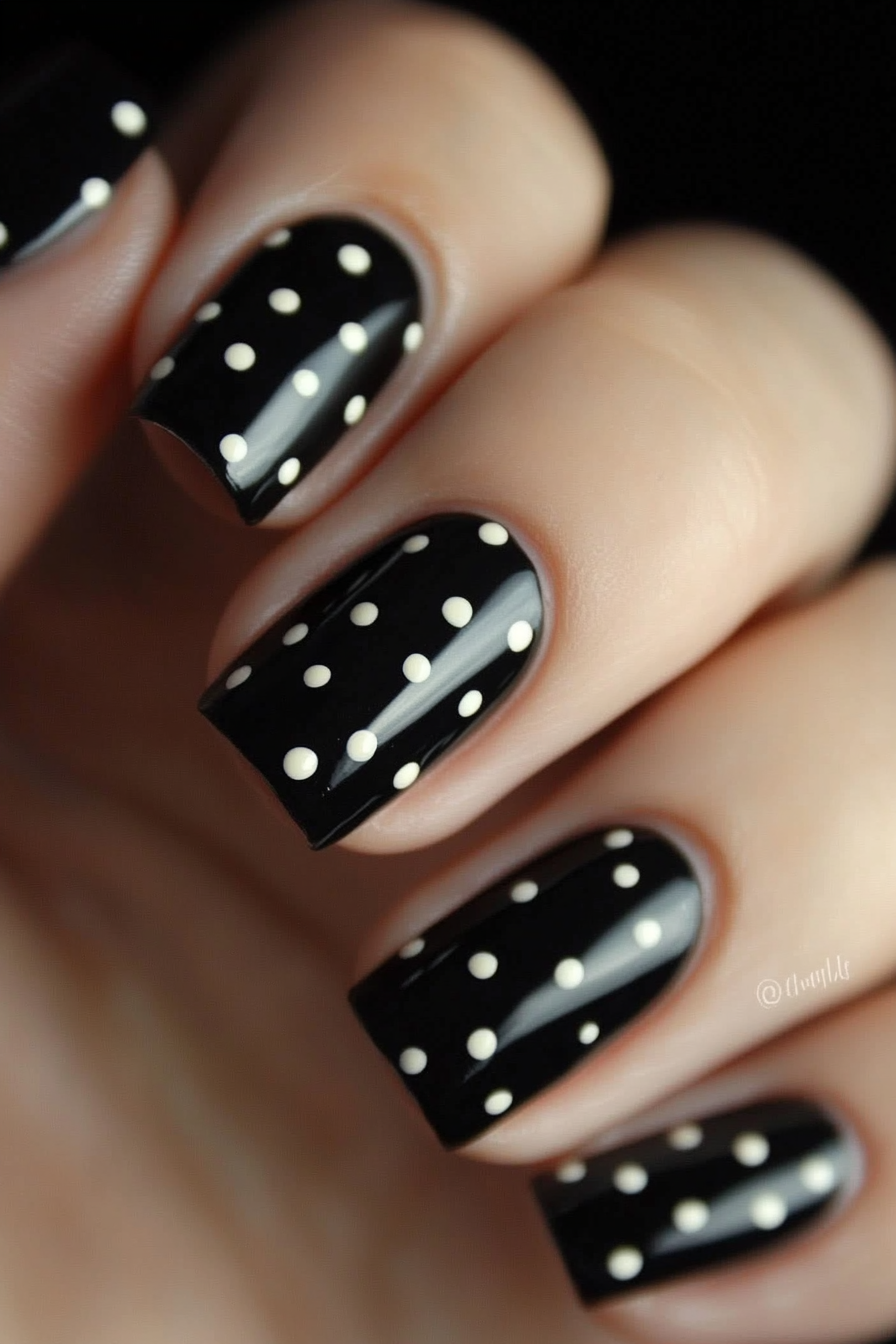 10. Polka Dot Play (Short Black Nail Design Ideas) - Short Black Nail Design Ideas
