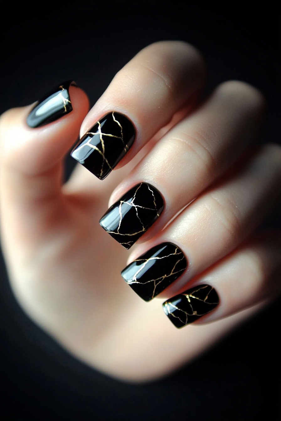14. Glossy Geodes (Short Black Nail Design Ideas) - Short Black Nail Design Ideas