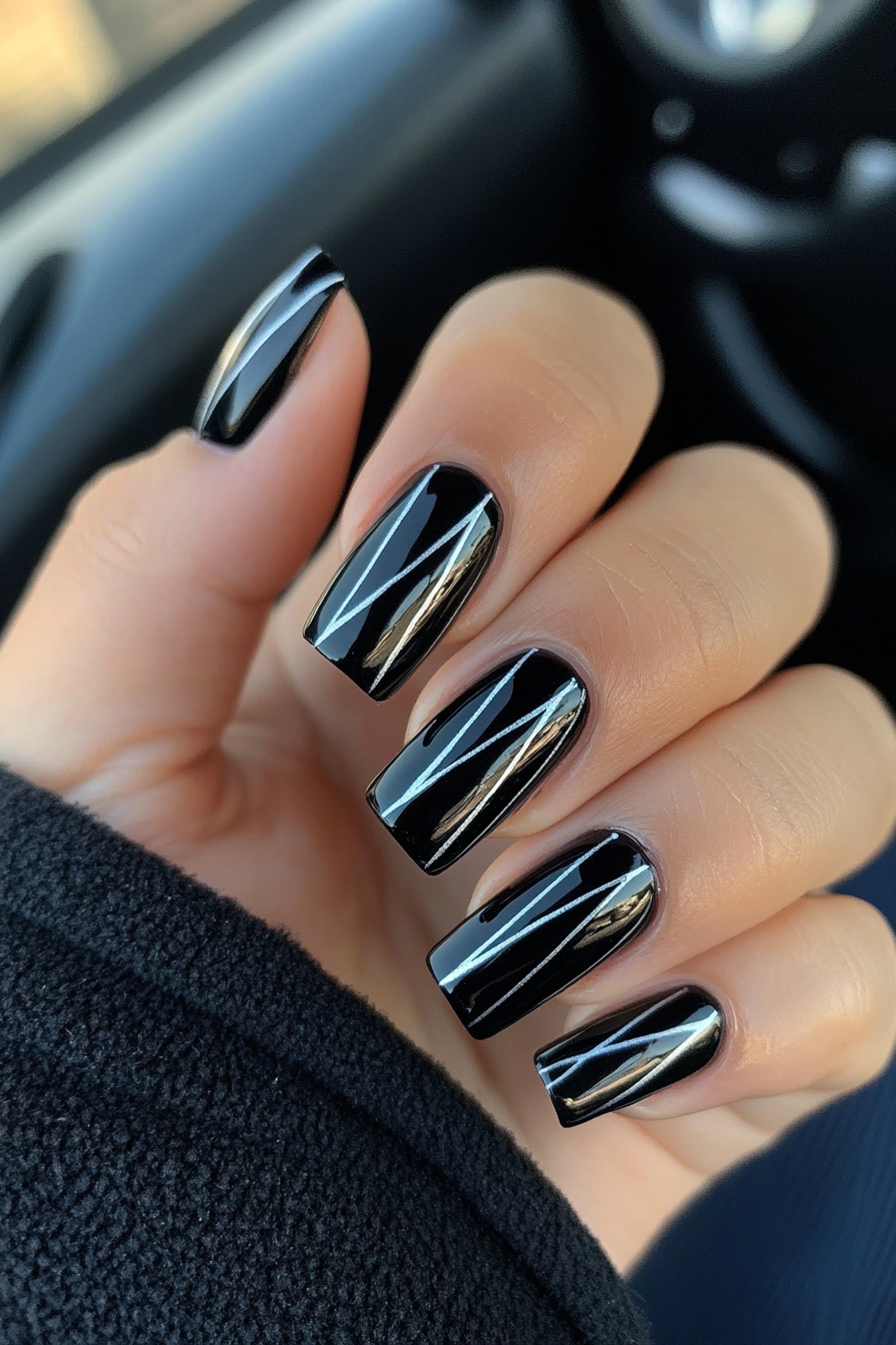 15. Silver Streaks (Short Black Nail Design Ideas) - Short Black Nail Design Ideas