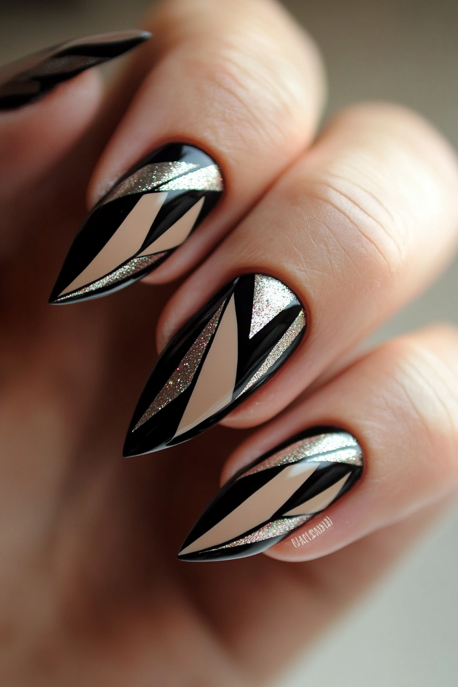 16. Modern Art Deco (Short Black Nail Design Ideas) - Short Black Nail Design Ideas