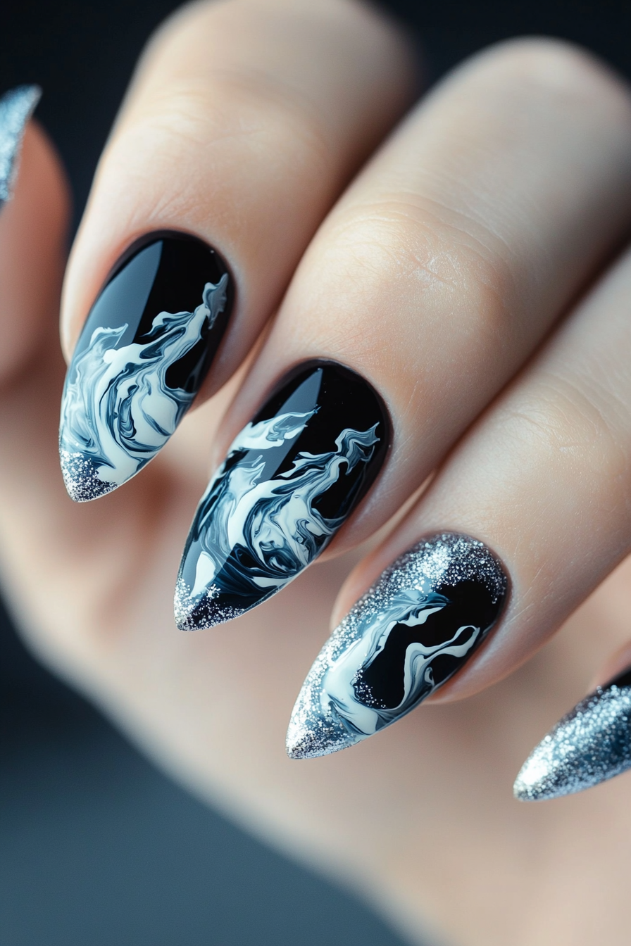 20. Oceanic Waves (Short Black Nail Design Ideas) - Short Black Nail Design Ideas