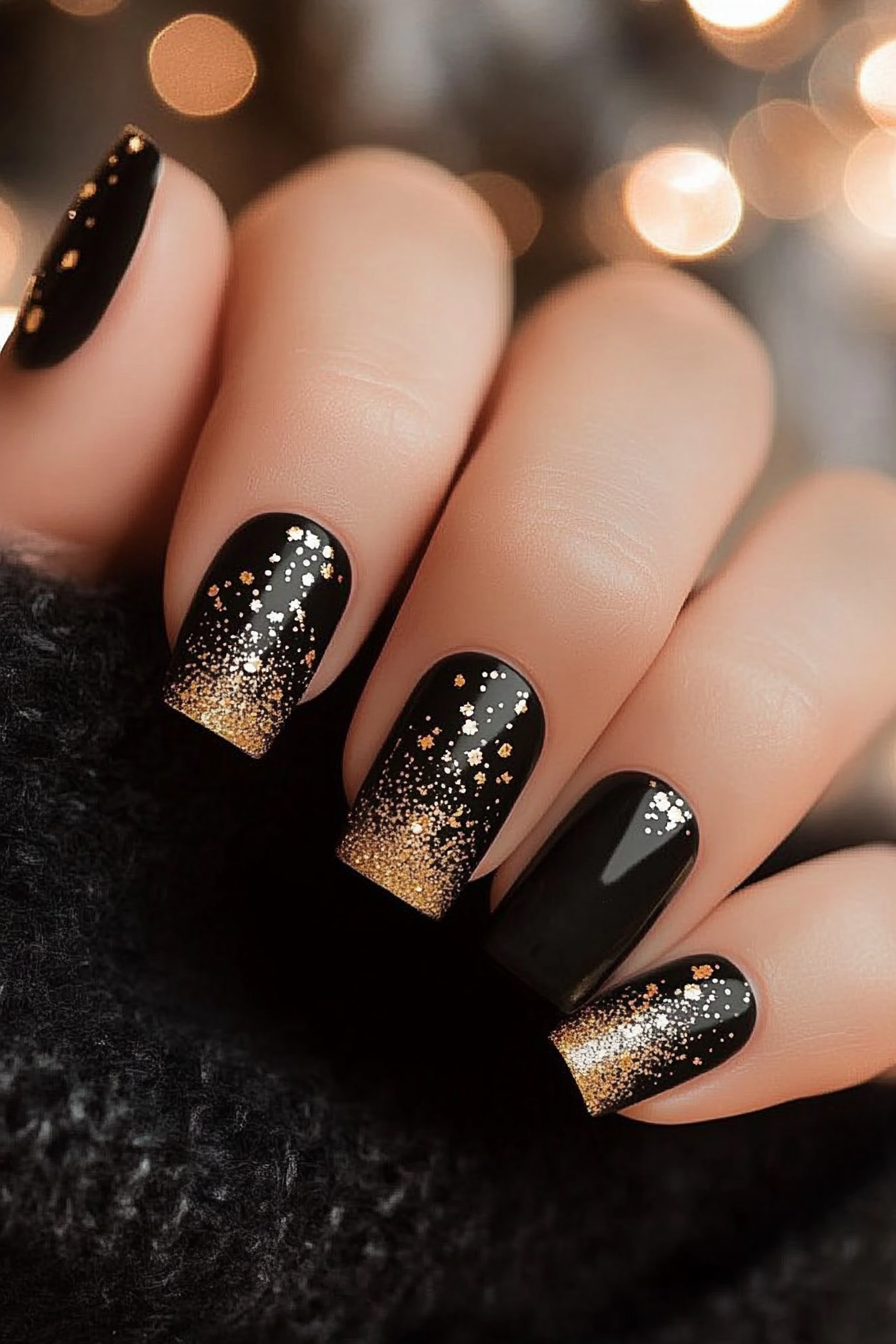 21. Golden Glimmer (Short Black Nail Design Ideas) - Short Black Nail Design Ideas