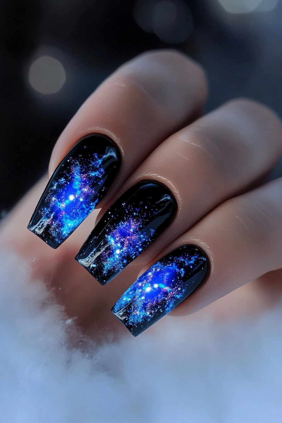 24. Twinkling Twilight (Short Black Nail Design Ideas) - Short Black Nail Design Ideas