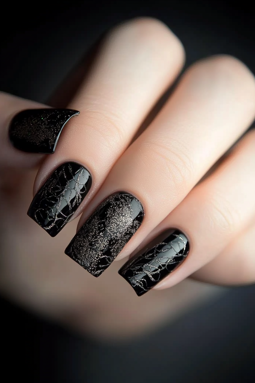 26. Metallic Threads (Short Black Nail Design Ideas) - Short Black Nail Design Ideas