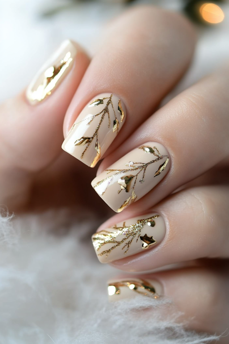 2. Golden Garland Accents (Simple Christmas Nail Design Ideas) - Simple Christmas Nail Design Ideas