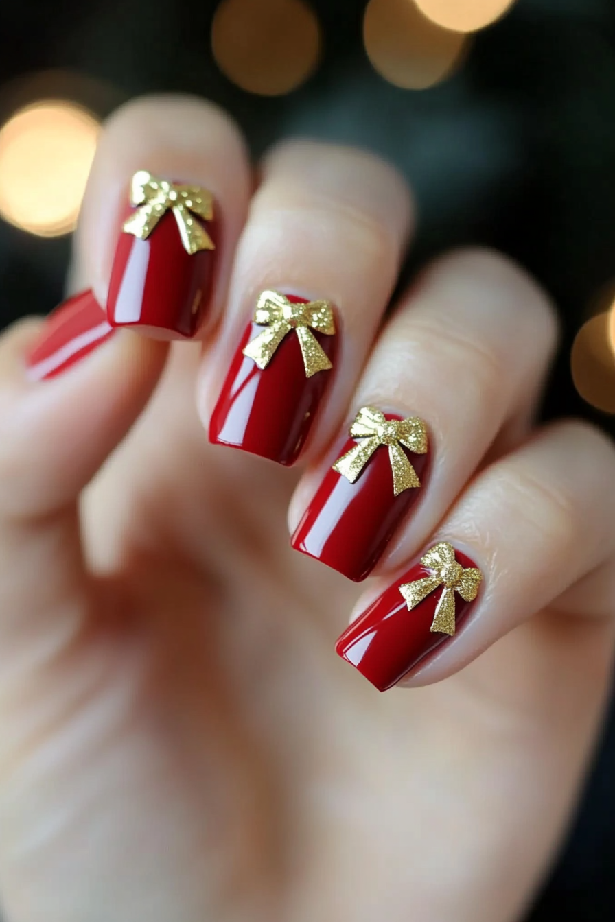 9. Gift Bow Details (Simple Christmas Nail Design Ideas) - Simple Christmas Nail Design Ideas