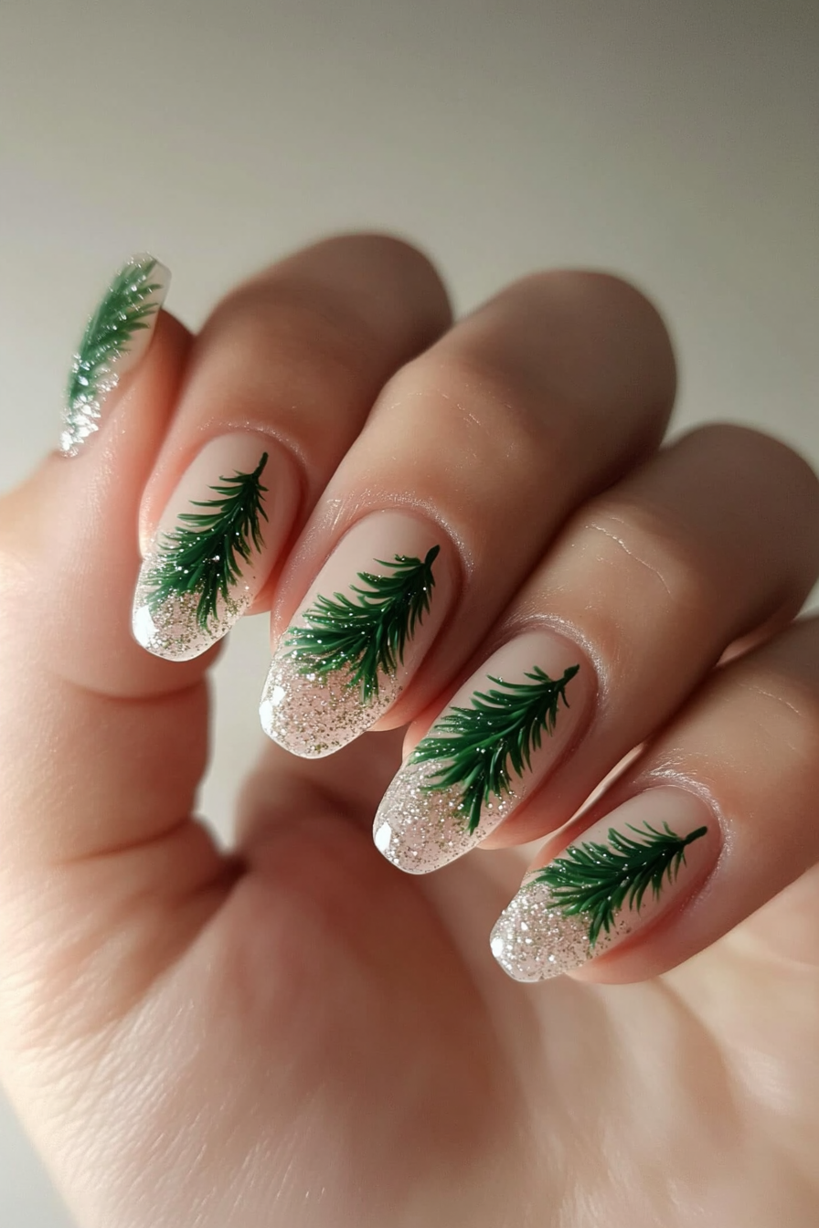 10. Pine Needle French Tips (Simple Christmas Nail Design Ideas) - Simple Christmas Nail Design Ideas