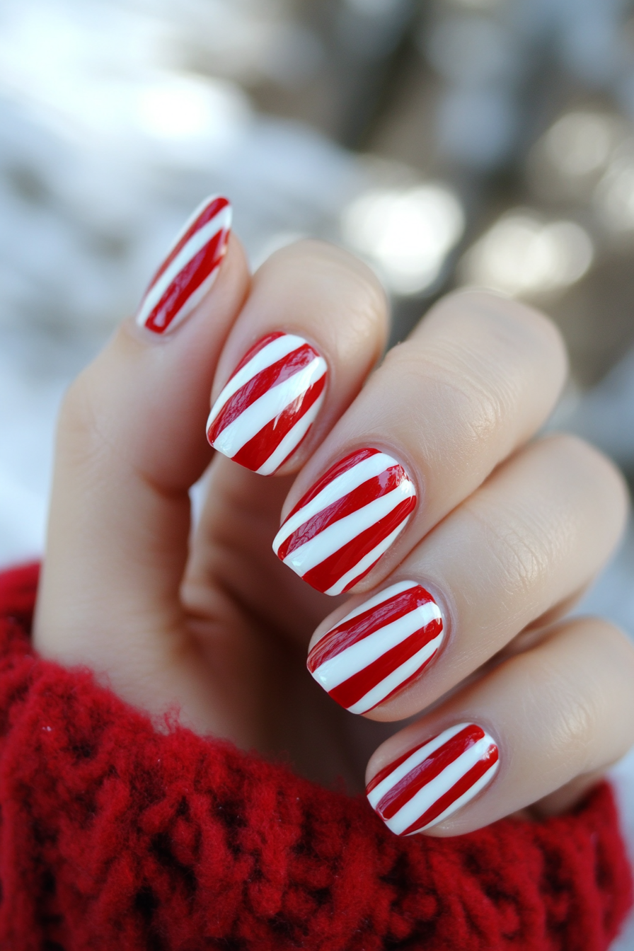 17. Striped Stocking Nails (Simple Christmas Nail Design Ideas) - Simple Christmas Nail Design Ideas