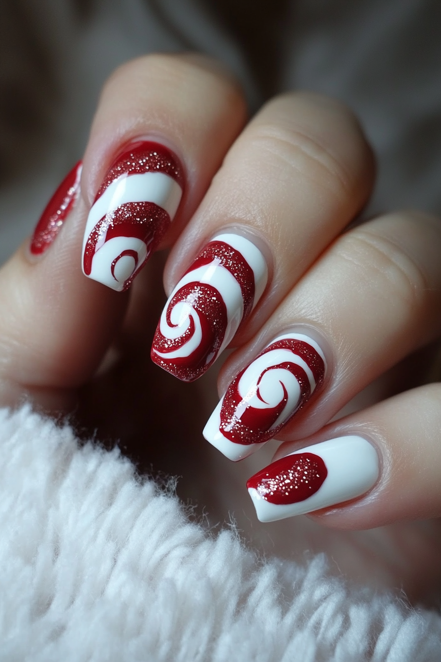 19. Peppermint Swirl Design (Simple Christmas Nail Design Ideas) - Simple Christmas Nail Design Ideas