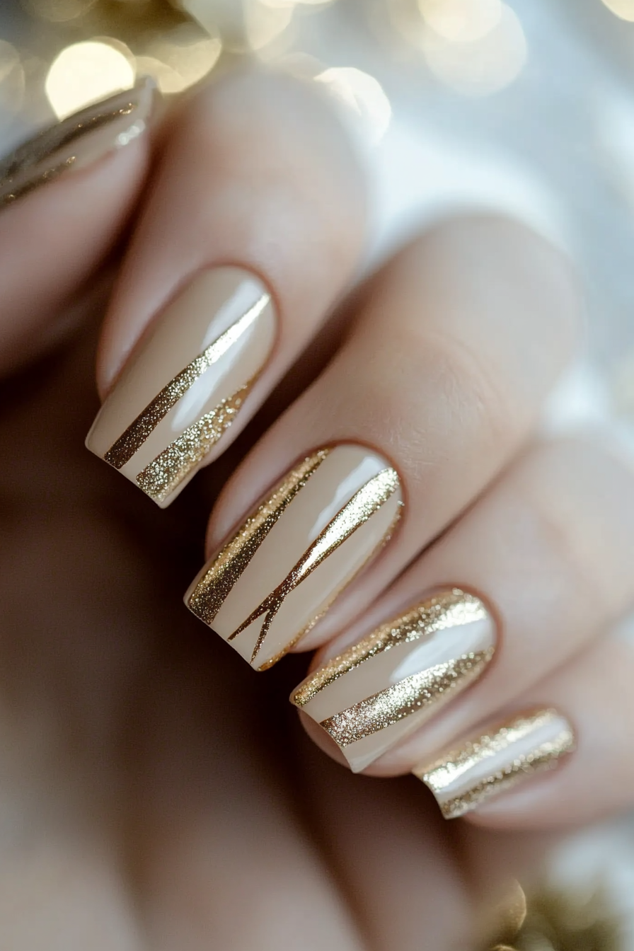 23. Golden Stripe Elegance (Simple Christmas Nail Design Ideas) - Simple Christmas Nail Design Ideas