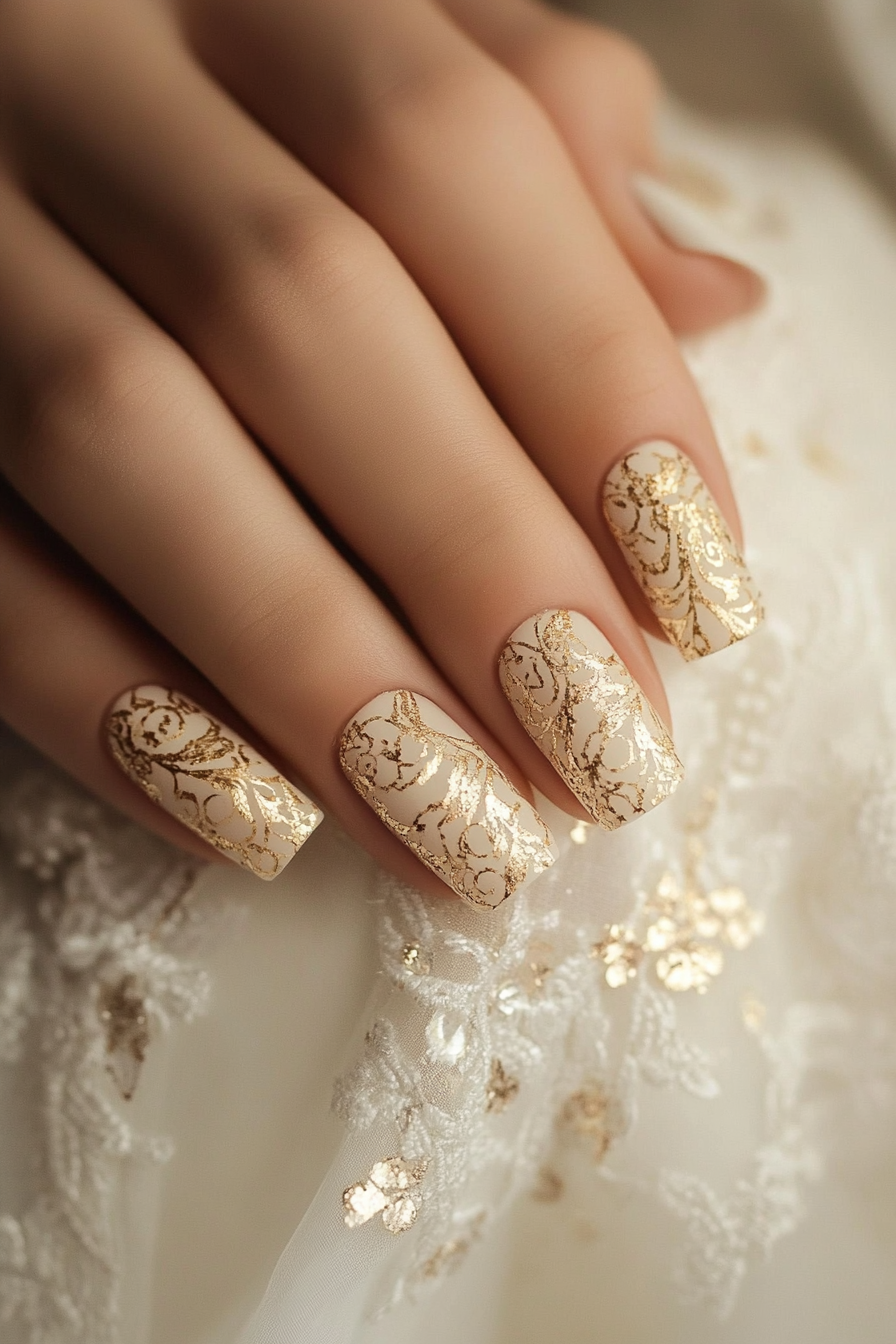 15. Golden Filigree (Wedding Nail Design Ideas) - Wedding Nail Design Ideas