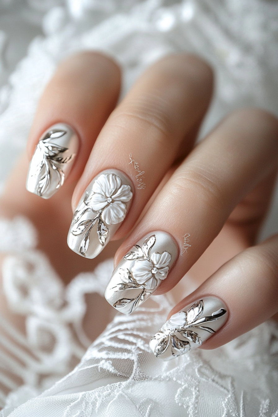 16. Platinum Petals (Wedding Nail Design Ideas) - Wedding Nail Design Ideas