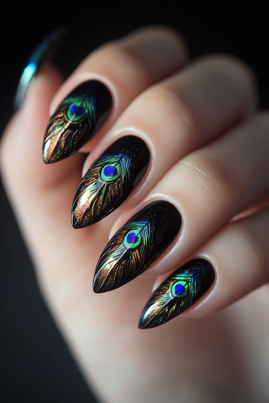 16. Peacock Plume (Colorful Nail Design Ideas) - Colorful Nail Design Ideas