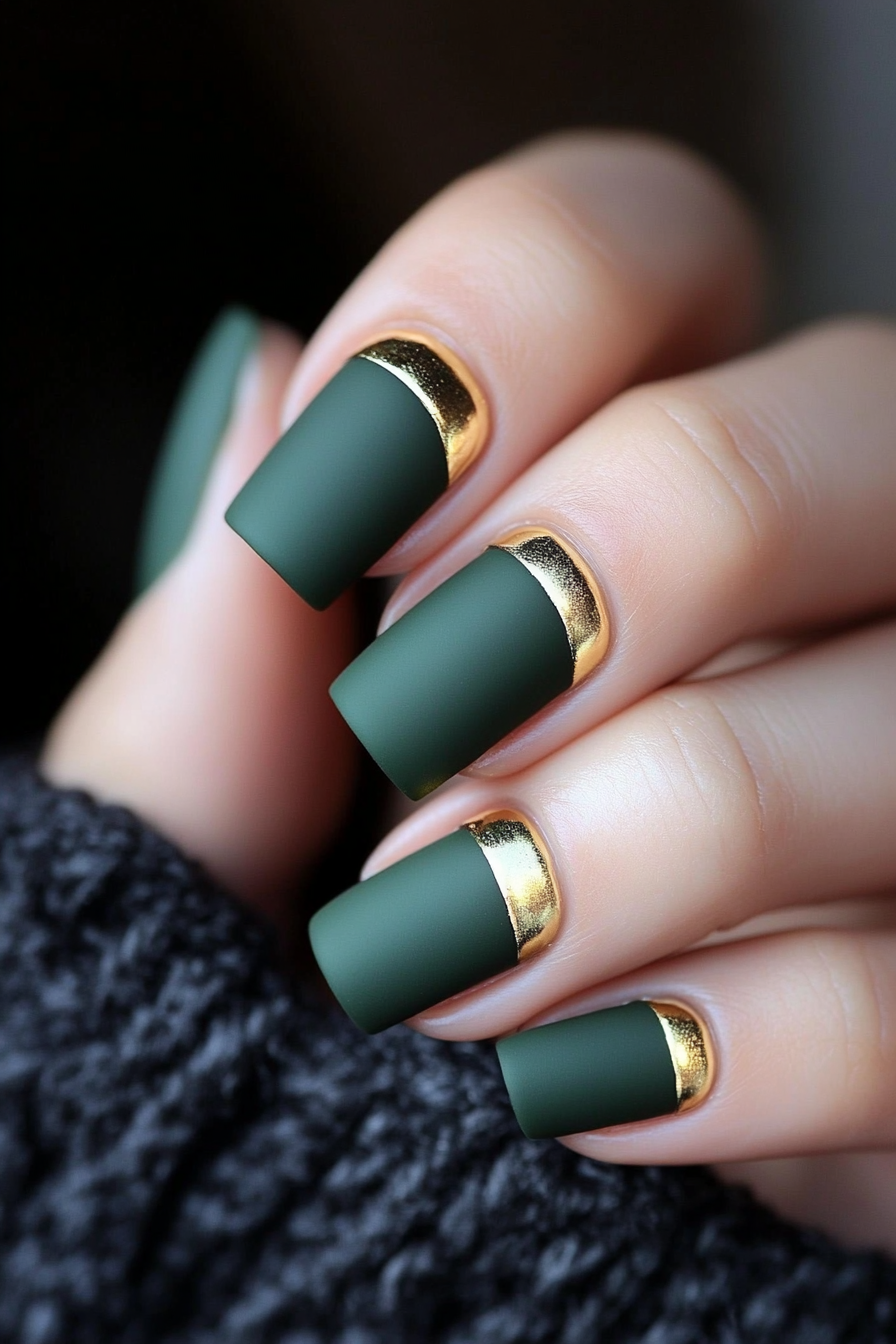 3. Matte Green with Gold Tips (Dark Green Nail Design Ideas) - Dark Green Nail Design Ideas