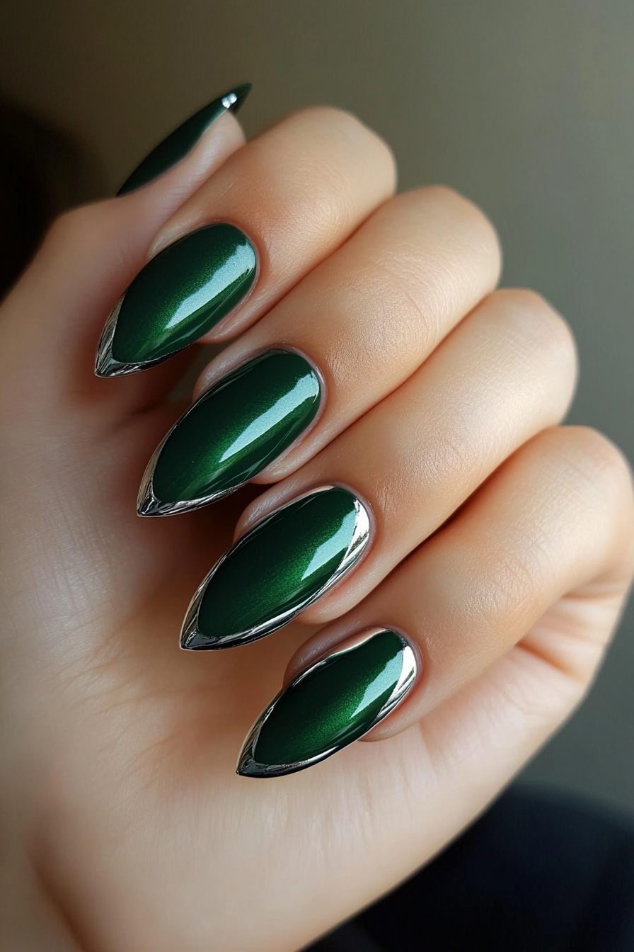 6. Crisp Dark Green with Chrome (Dark Green Nail Design Ideas) - Dark Green Nail Design Ideas