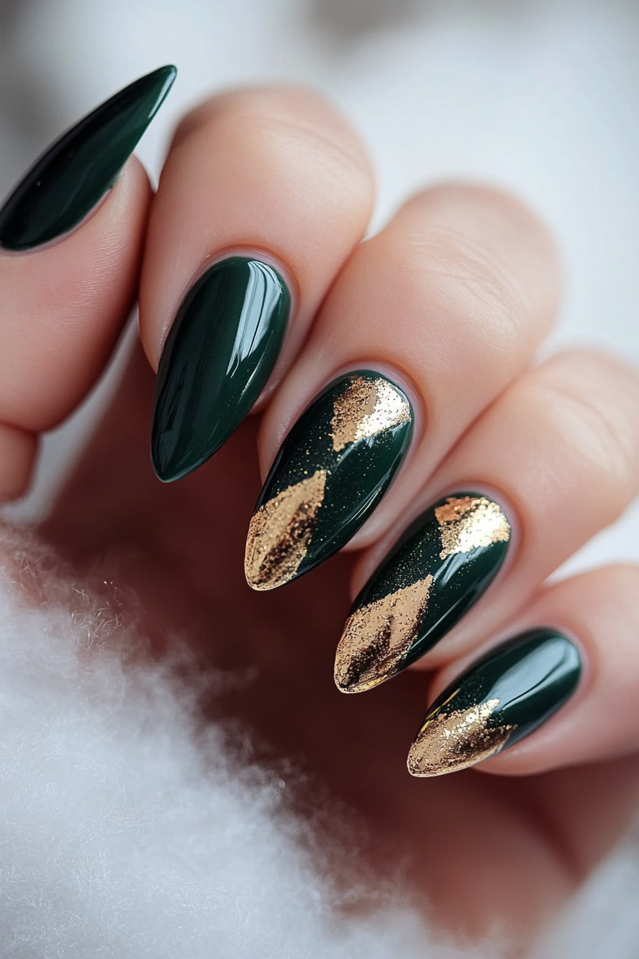 7. Dark Green with Gold Foil (Dark Green Nail Design Ideas) - Dark Green Nail Design Ideas