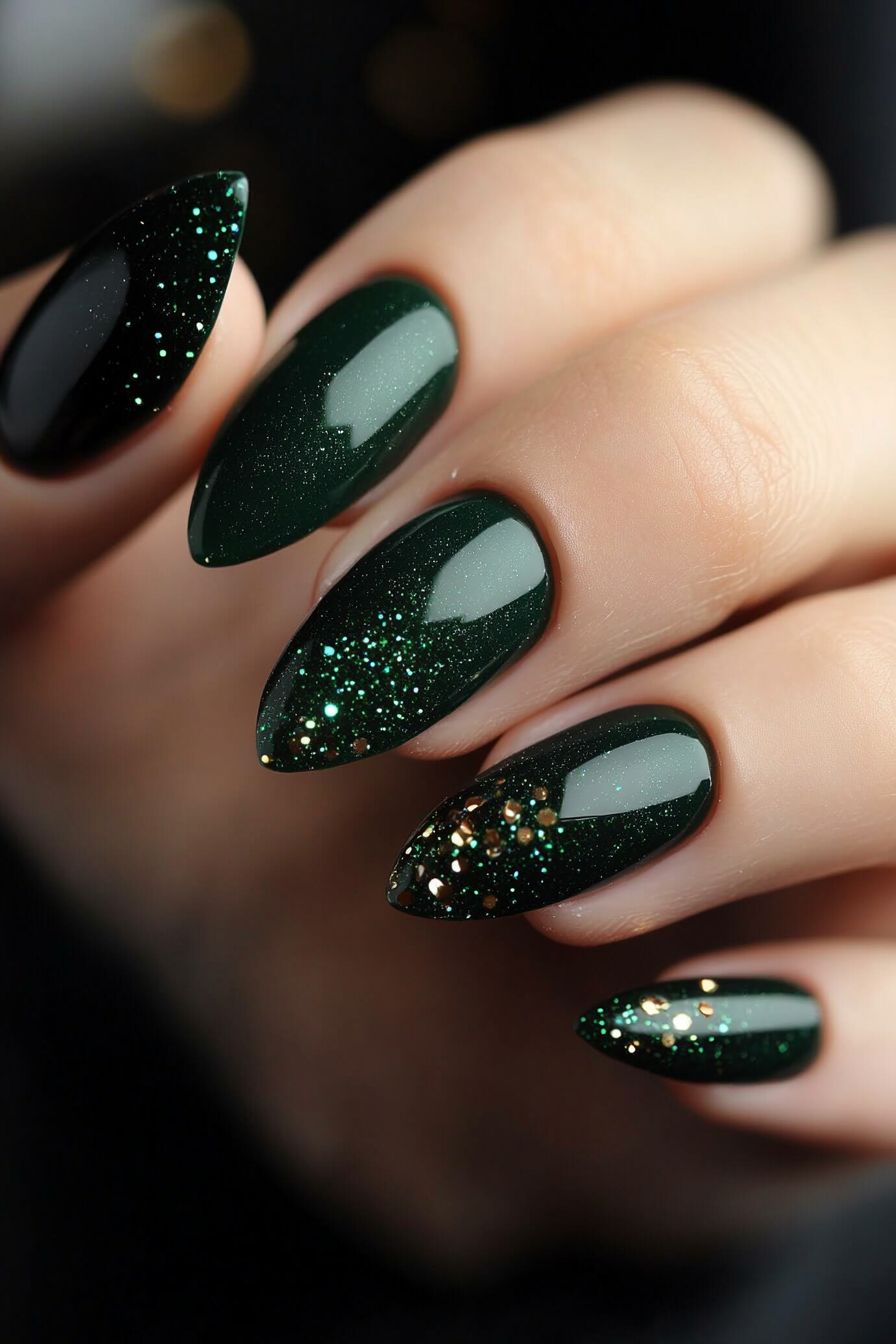 9. Glamorous Dark Green Sparkle (Dark Green Nail Design Ideas) - Dark Green Nail Design Ideas