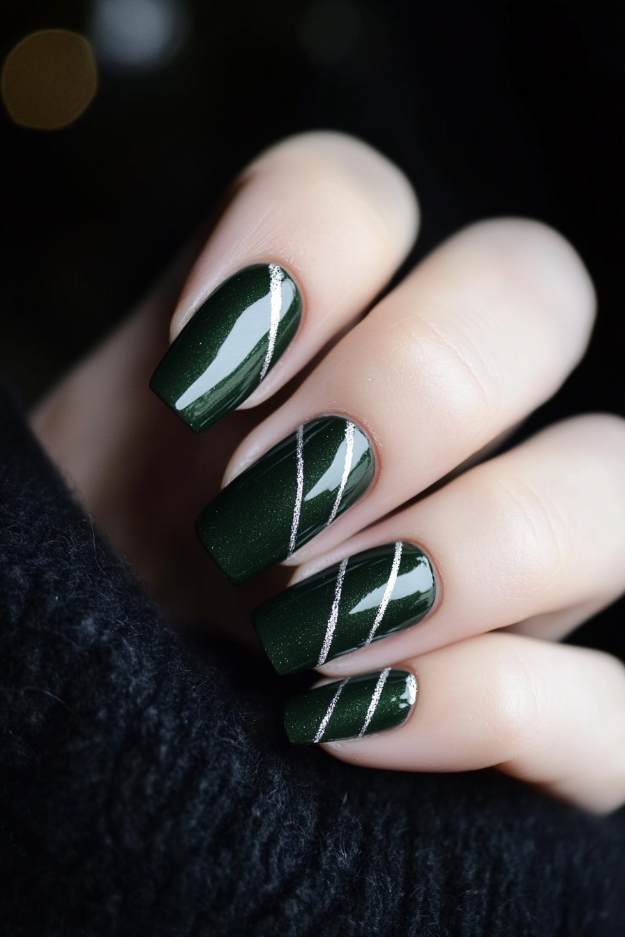 10. Deep Green with Silver Stripes (Dark Green Nail Design Ideas) - Dark Green Nail Design Ideas