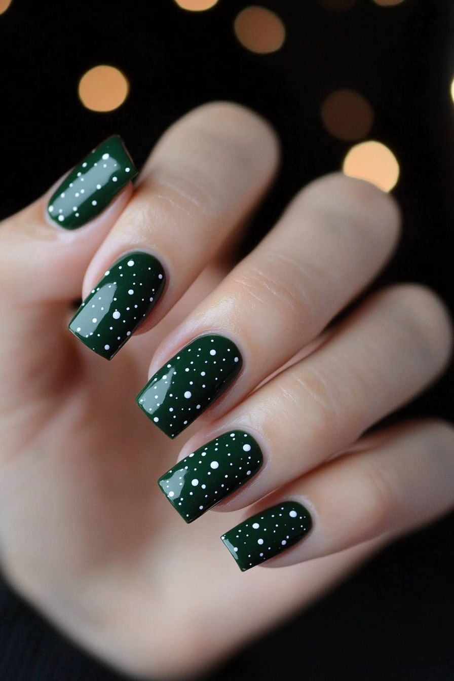 13. Dark Green and White Dots (Dark Green Nail Design Ideas) - Dark Green Nail Design Ideas
