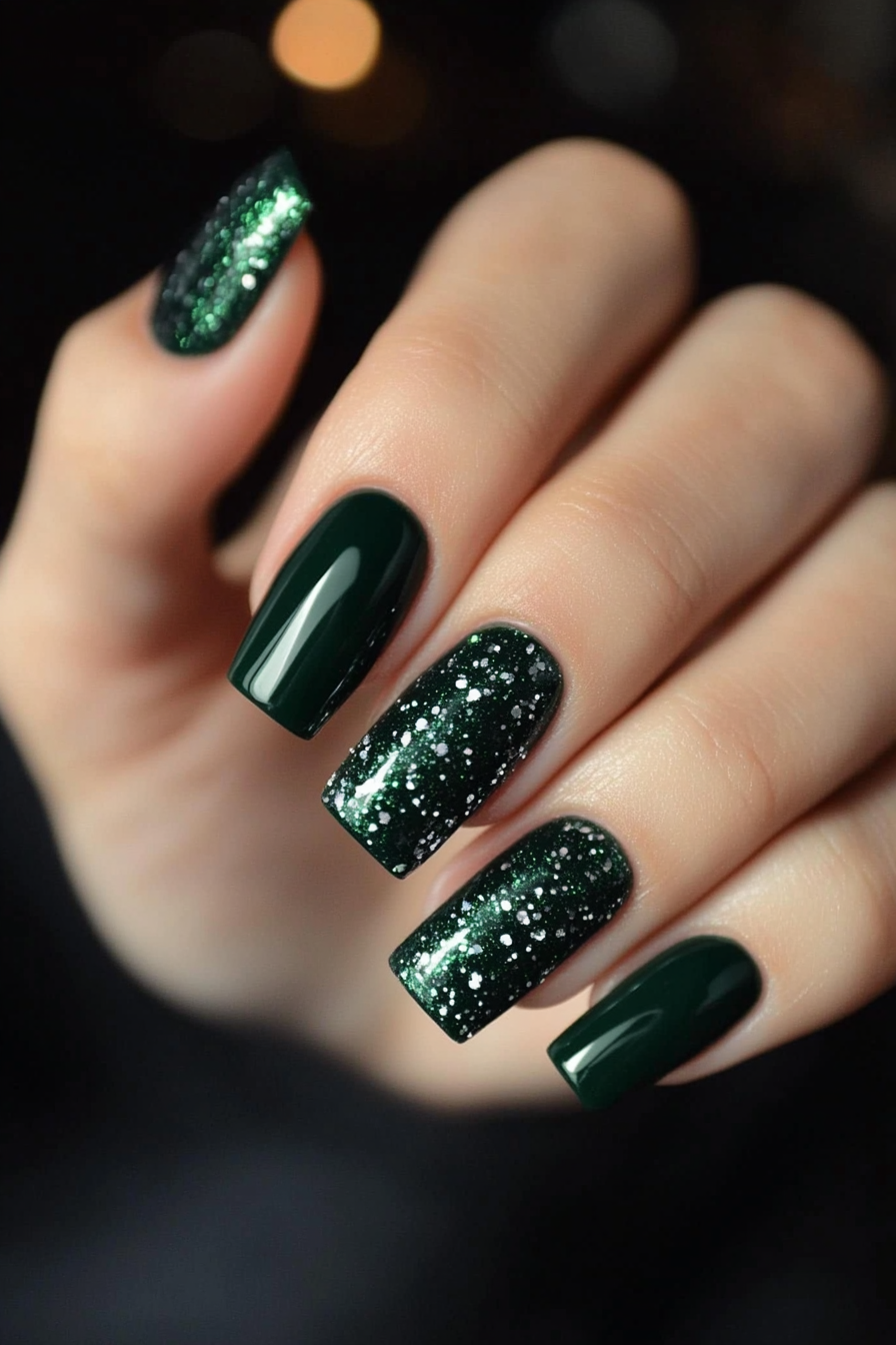 14. Dark Green with Silver Glitter (Dark Green Nail Design Ideas) - Dark Green Nail Design Ideas