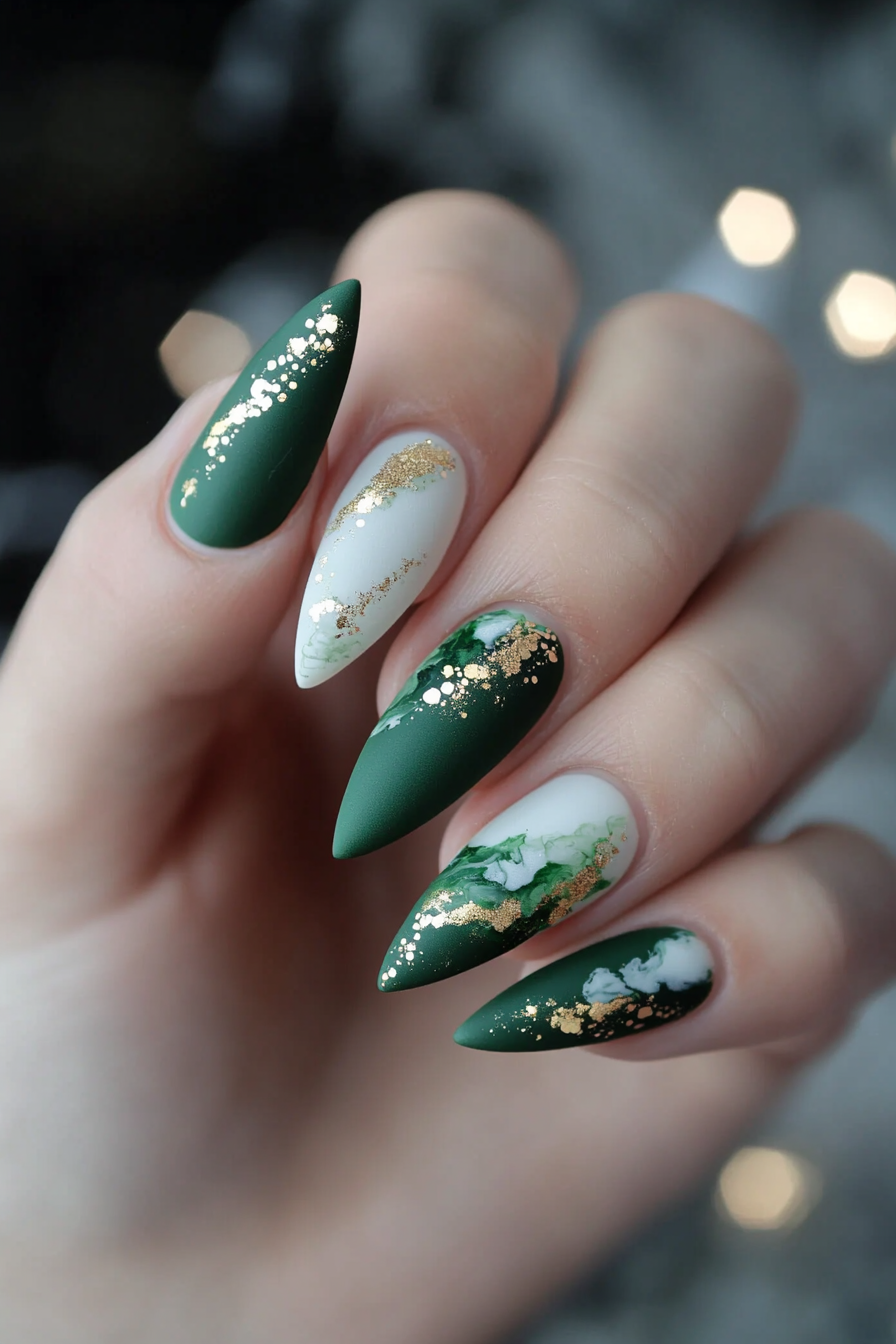 16. Matte Green with Marble Tips (Dark Green Nail Design Ideas) - Dark Green Nail Design Ideas
