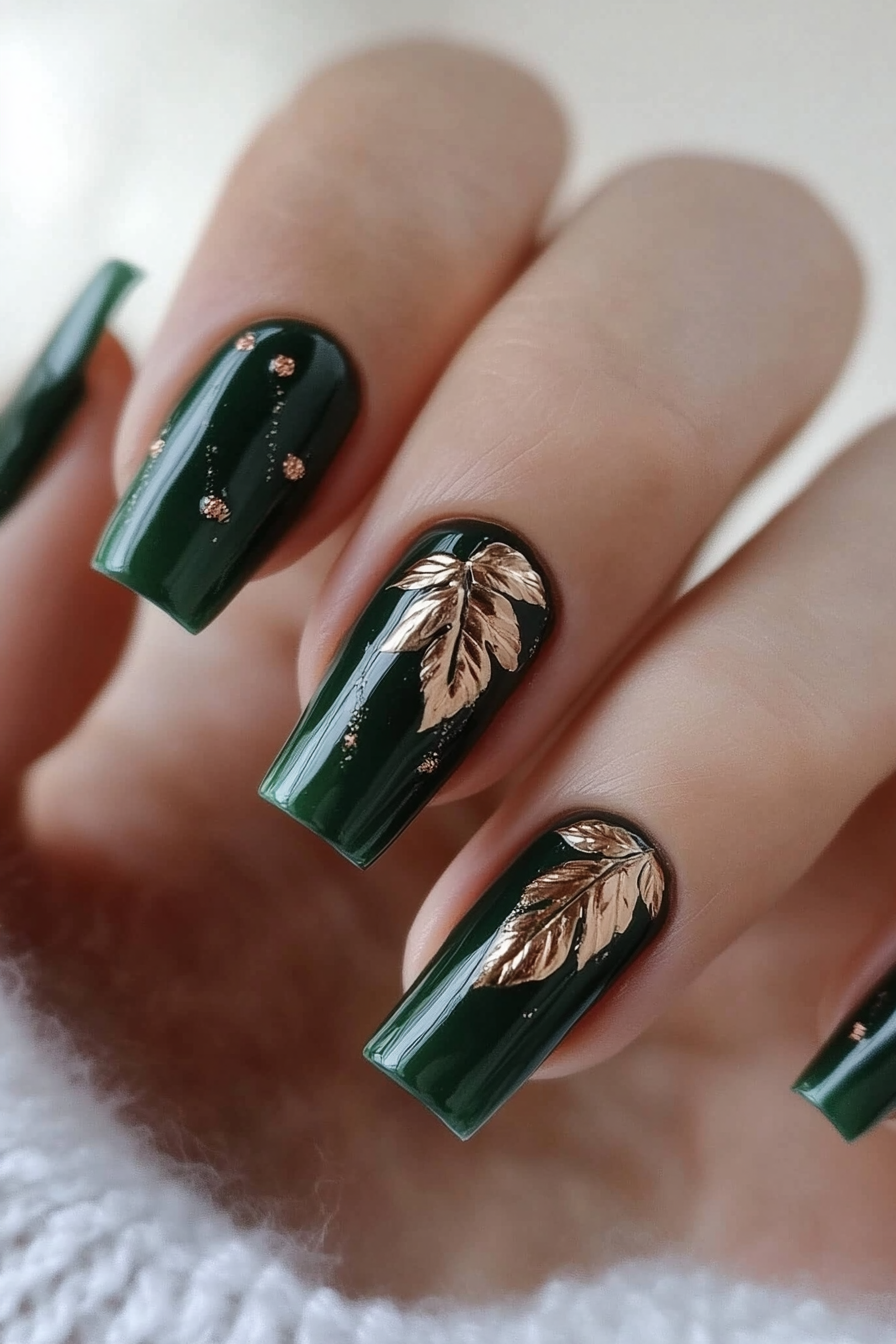 17. Green and Bronze Leaf Design (Dark Green Nail Design Ideas) - Dark Green Nail Design Ideas
