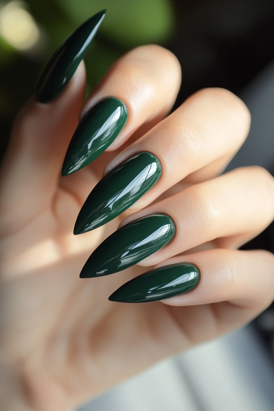 18. Dark Green Stiletto Nails (Dark Green Nail Design Ideas) - Dark Green Nail Design Ideas