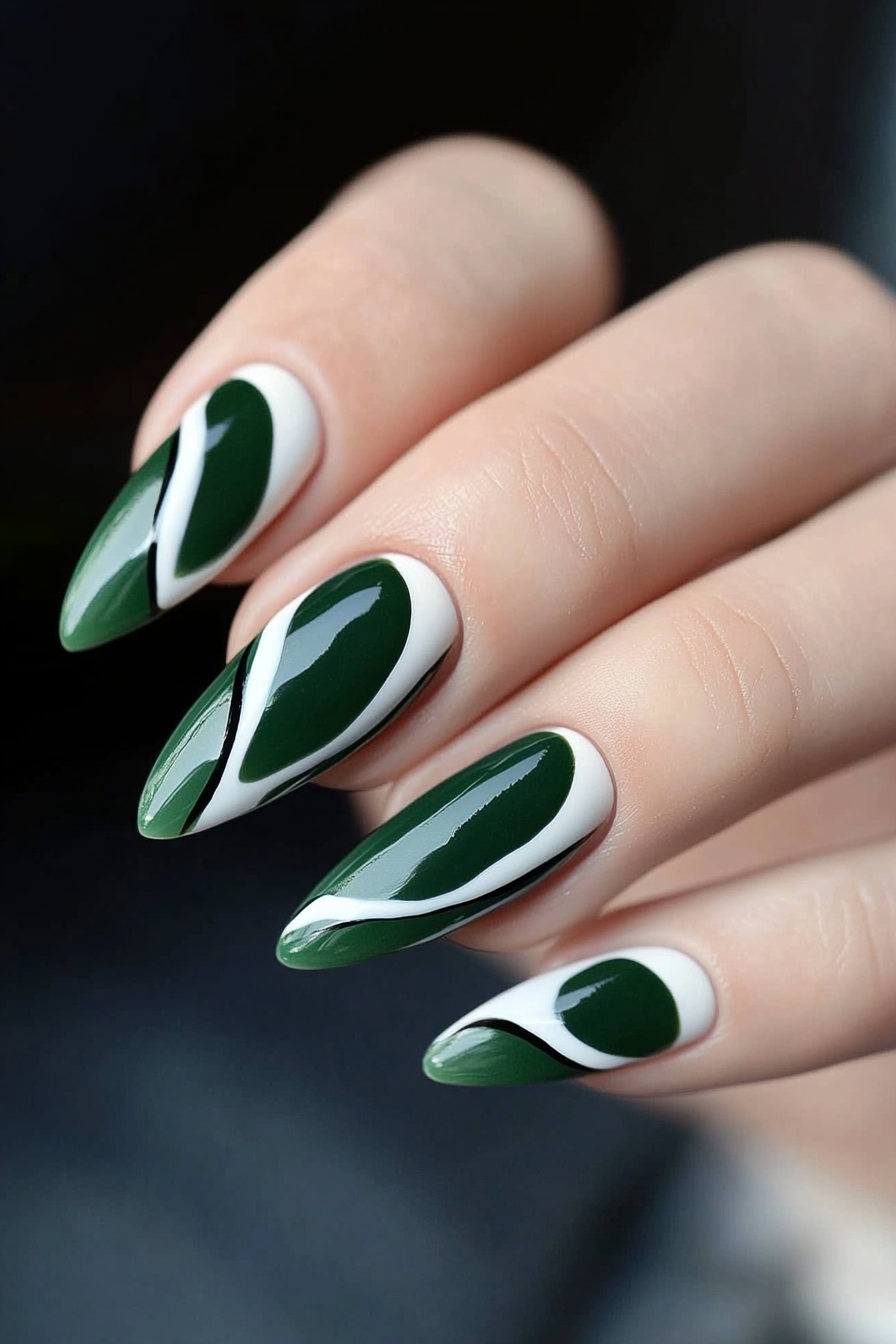 19. Dark Green and White Waves (Dark Green Nail Design Ideas) - Dark Green Nail Design Ideas