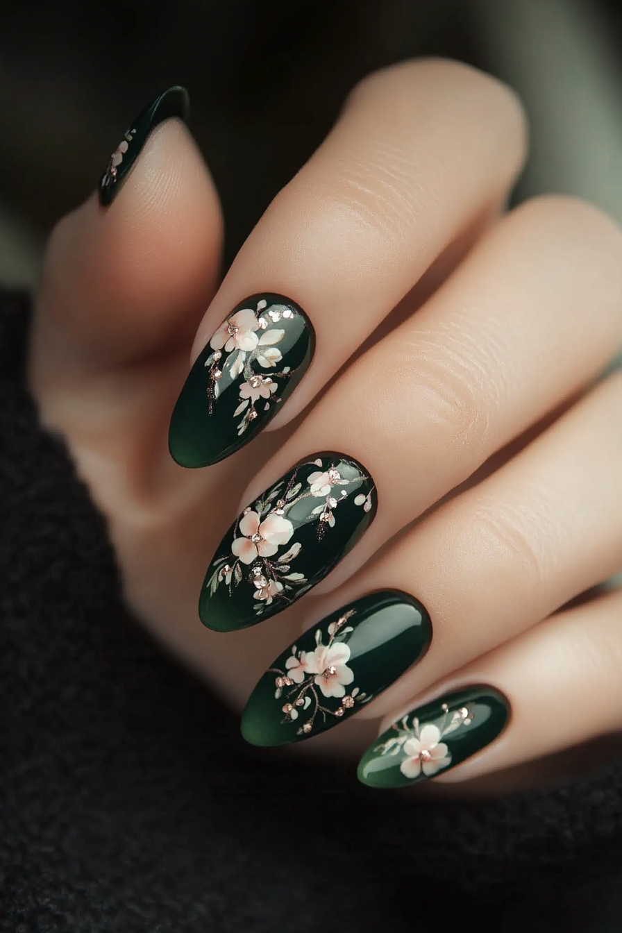 20. Vintage Green with Floral Accent (Dark Green Nail Design Ideas) - Dark Green Nail Design Ideas