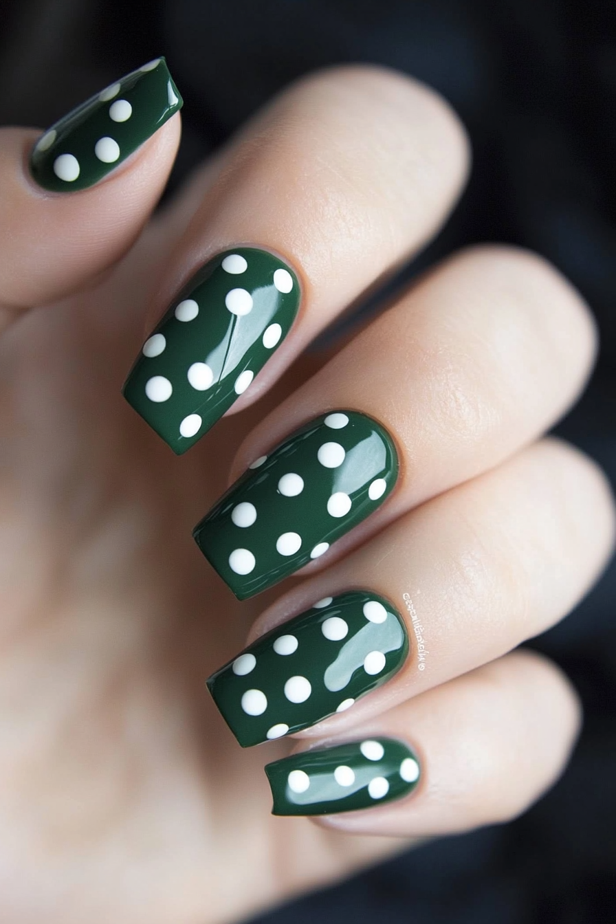 21. Polka Dot Dark Green (Dark Green Nail Design Ideas) - Dark Green Nail Design Ideas