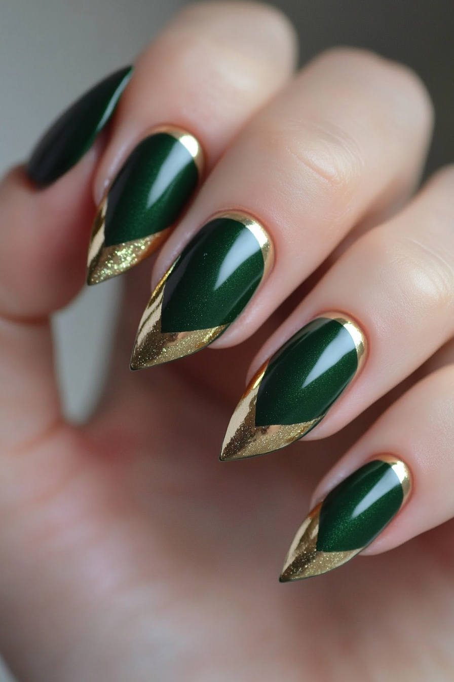 22. Green and Gold Chevron (Dark Green Nail Design Ideas) - Dark Green Nail Design Ideas