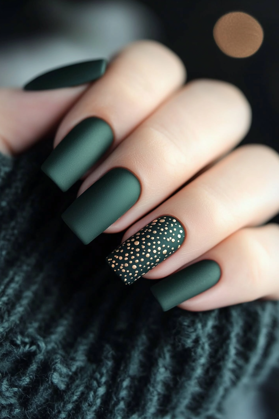 23. Dark Green with Matte Dots (Dark Green Nail Design Ideas) - Dark Green Nail Design Ideas