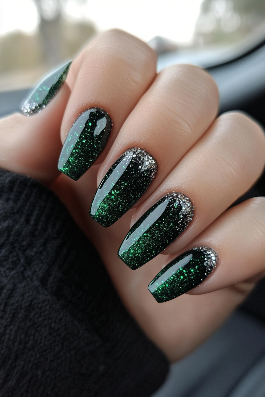 24. Dark Green Glitter Ombre (Dark Green Nail Design Ideas) - Dark Green Nail Design Ideas