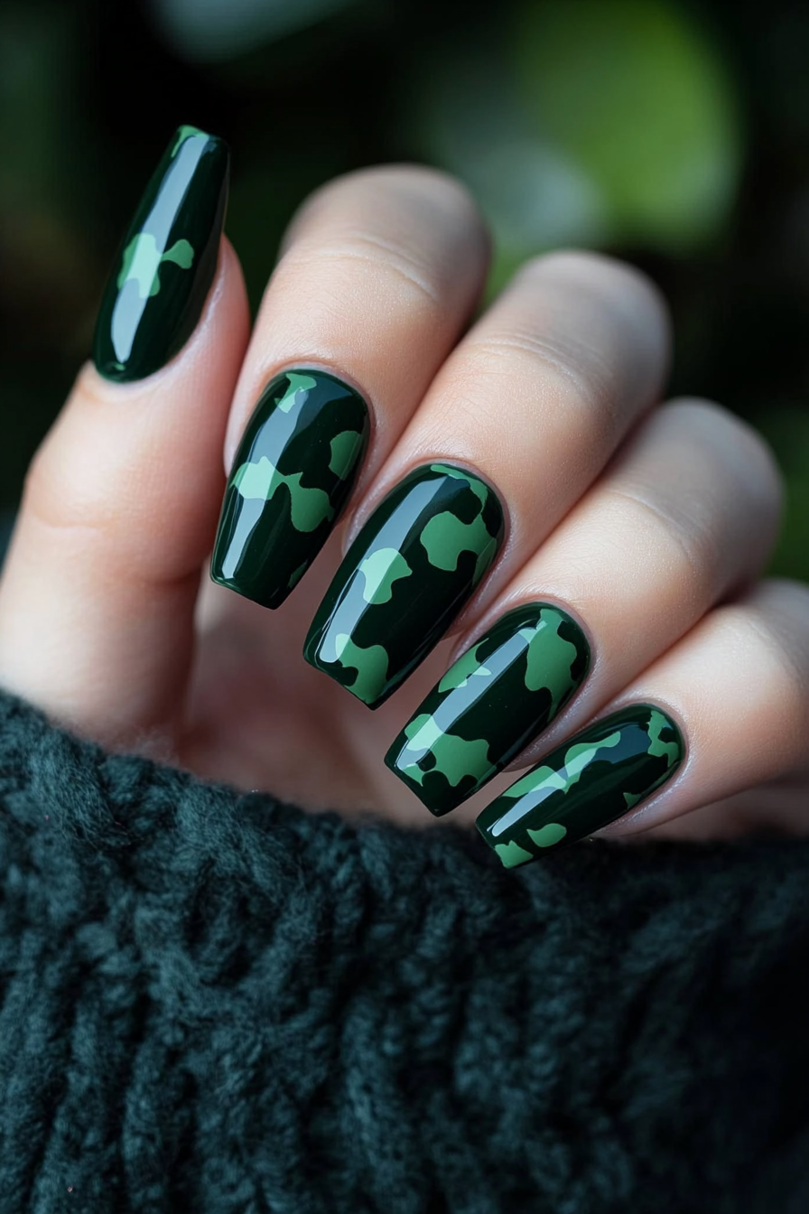26. Dark Green Camo Nails (Dark Green Nail Design Ideas) - Dark Green Nail Design Ideas