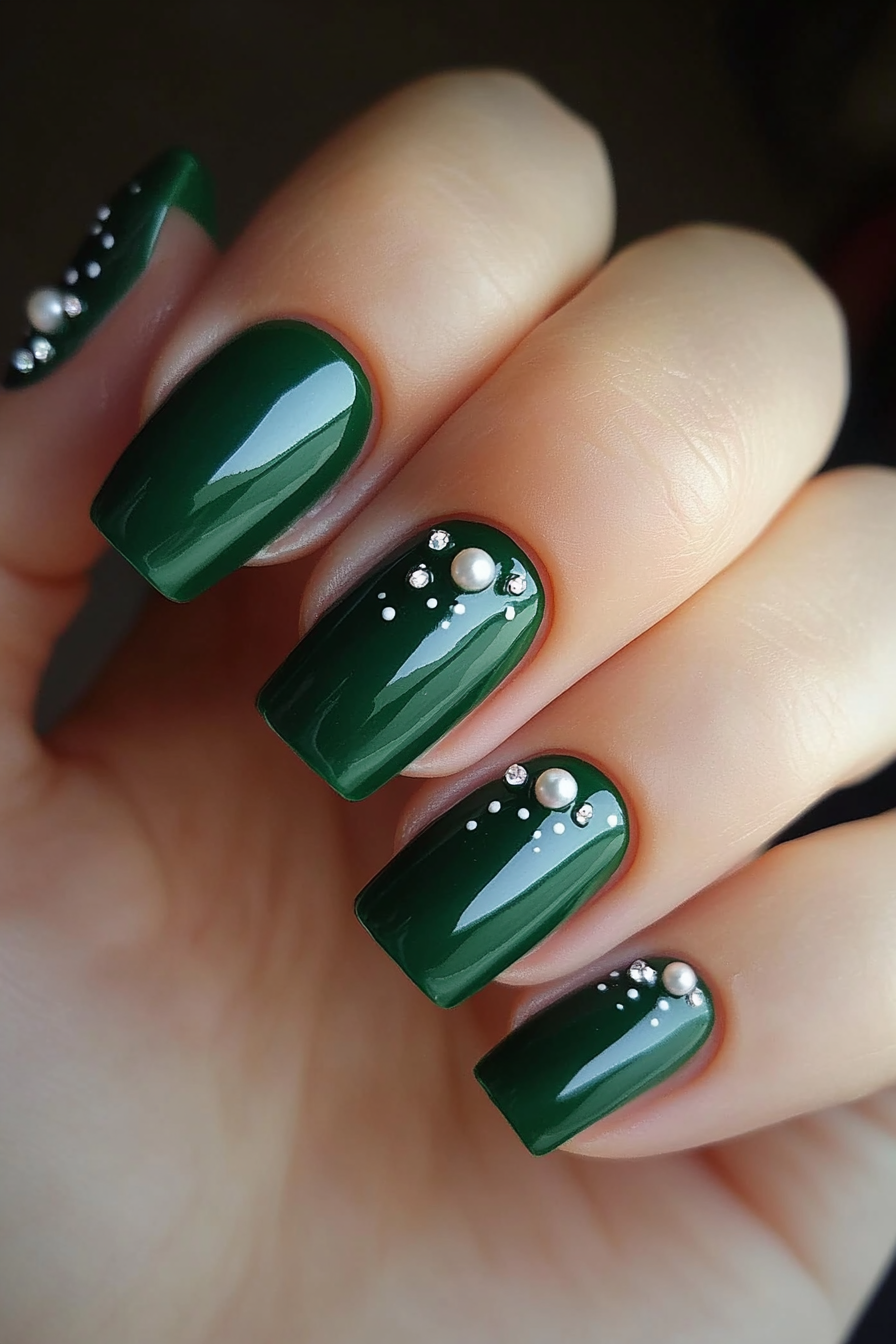 27. Green and Pearl Accents (Dark Green Nail Design Ideas) - Dark Green Nail Design Ideas