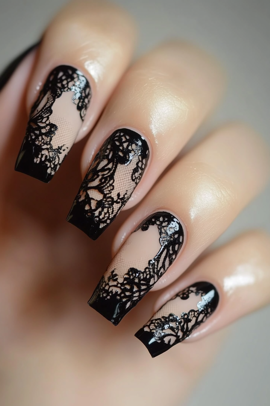 12. Black Lace Details (Fancy Nail Design Ideas) - Fancy Nail Design Ideas