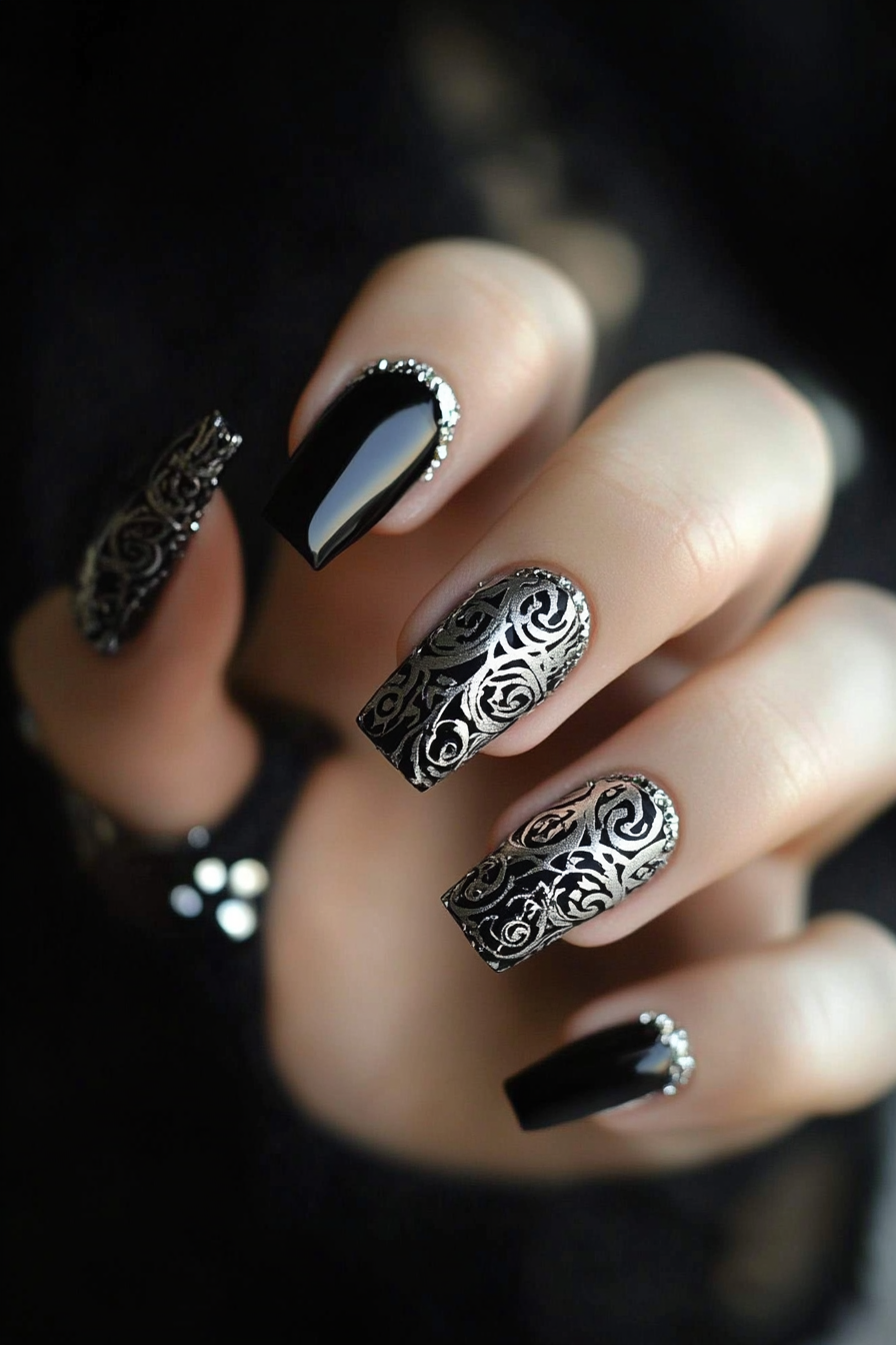 20. Matte Black and Chrome (Fancy Nail Design Ideas) - Fancy Nail Design Ideas