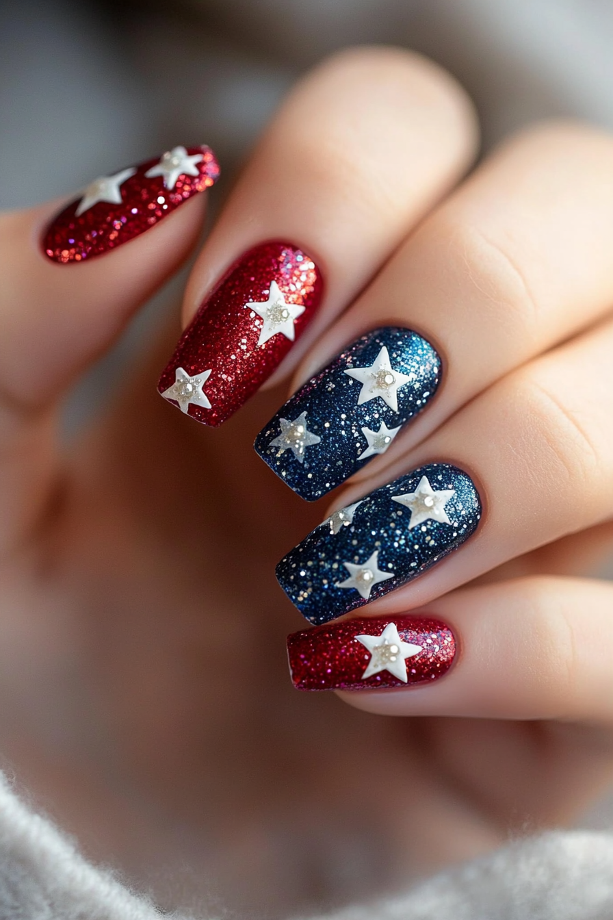 5. Glittery Independence (July 4Th Nail Design Ideas) - July 4Th Nail Design Ideas