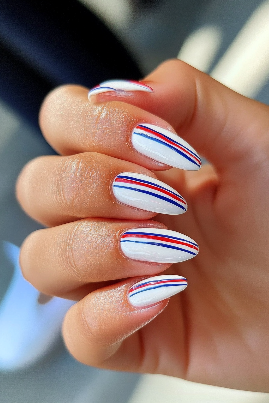 21. White with Blue Stripes (July 4Th Nail Design Ideas) - July 4Th Nail Design Ideas