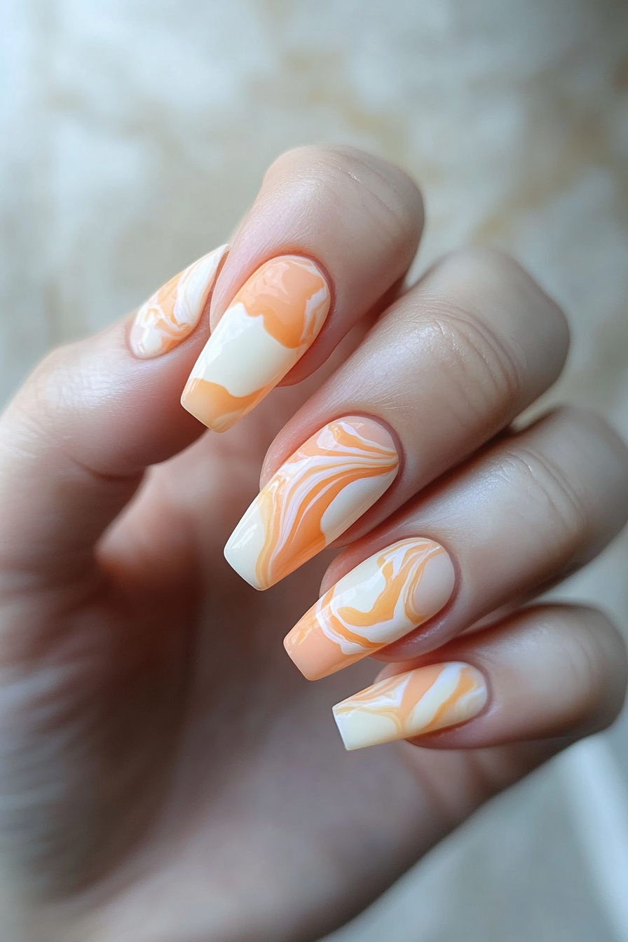2. Peach Marble Design (Peach Nail Design Ideas) - Peach Nail Design Ideas