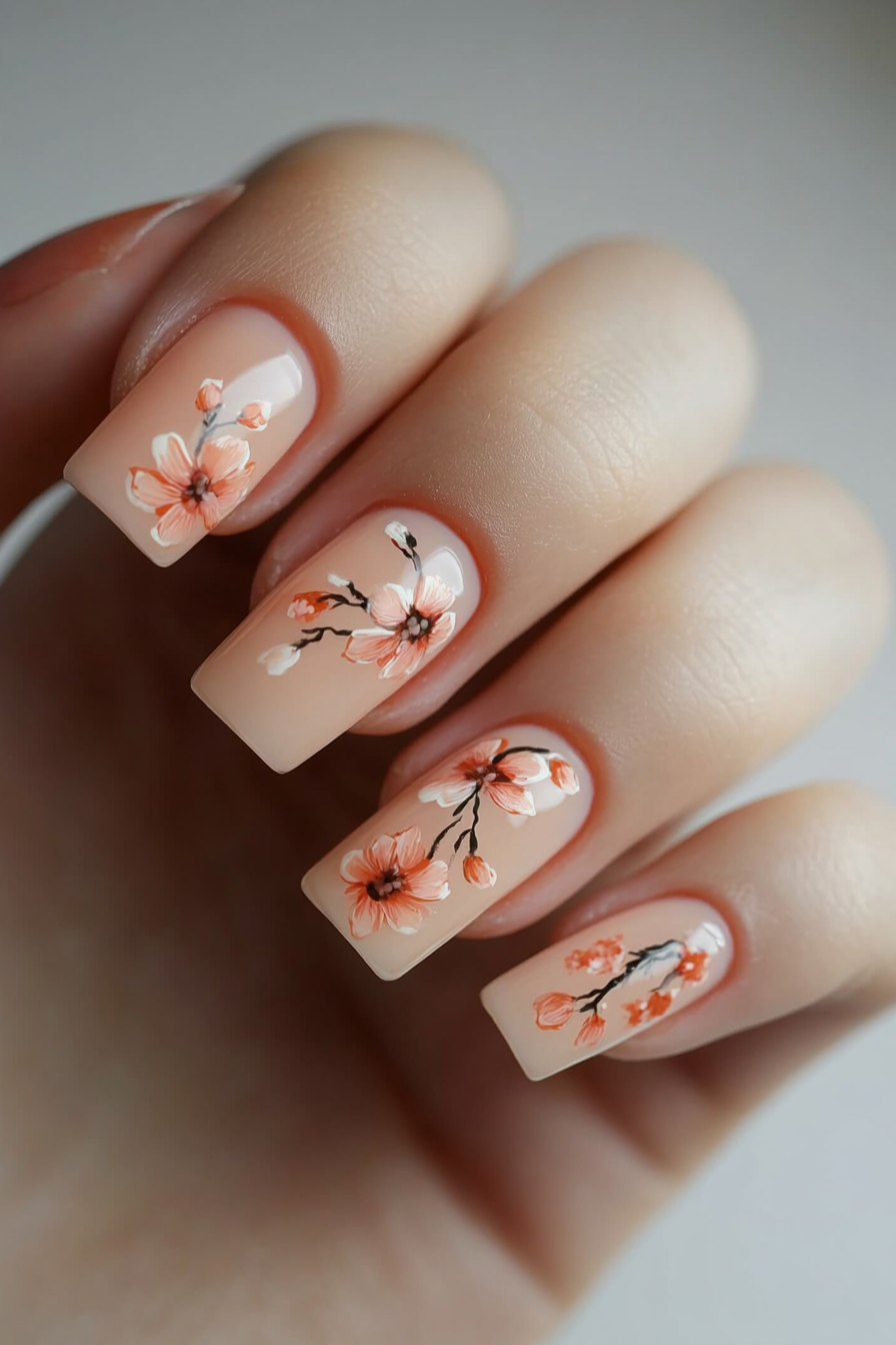 5. Peach Blossom Nails (Peach Nail Design Ideas) - Peach Nail Design Ideas