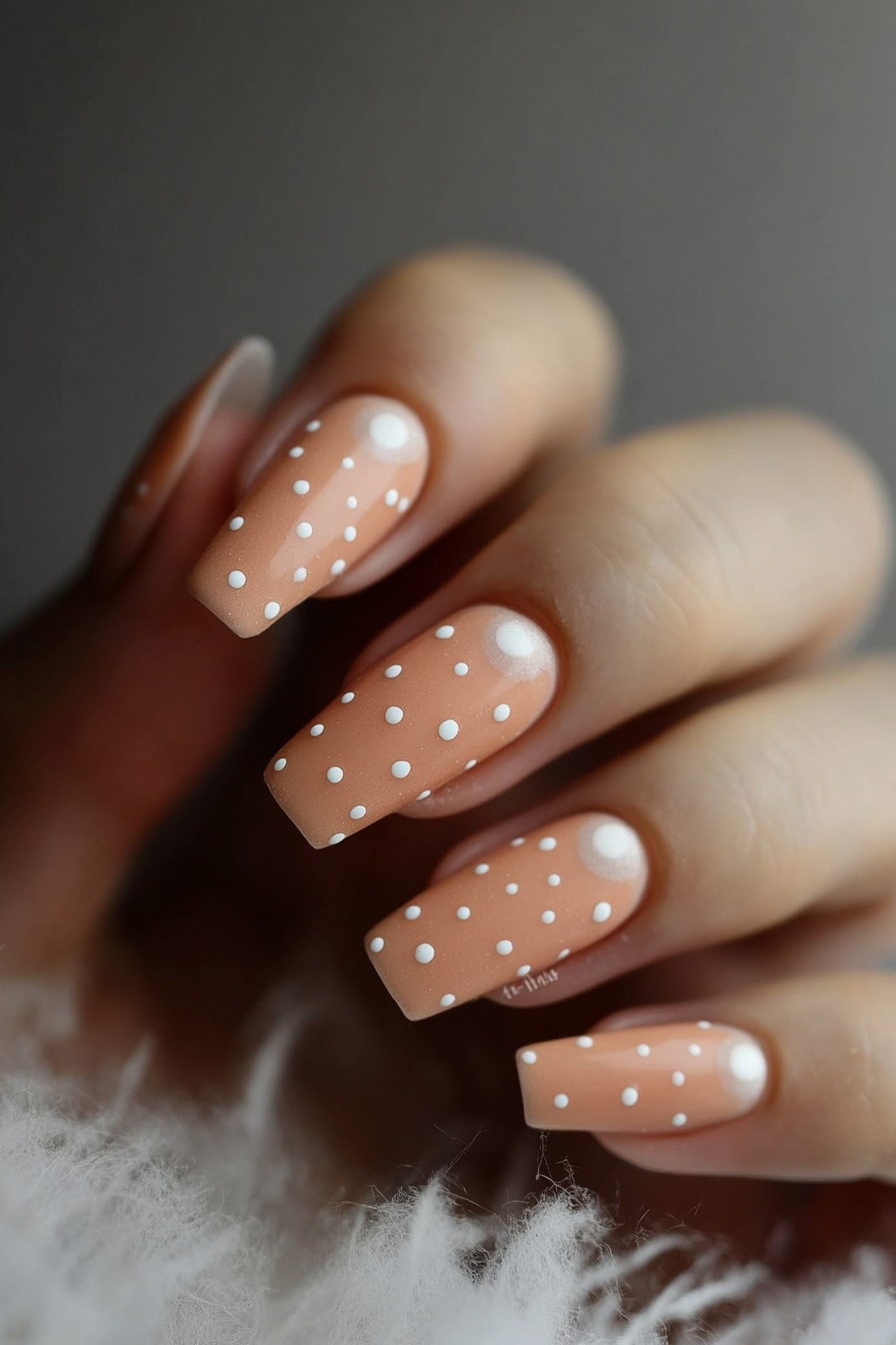 6. Peach with White Polka Dots (Peach Nail Design Ideas) - Peach Nail Design Ideas