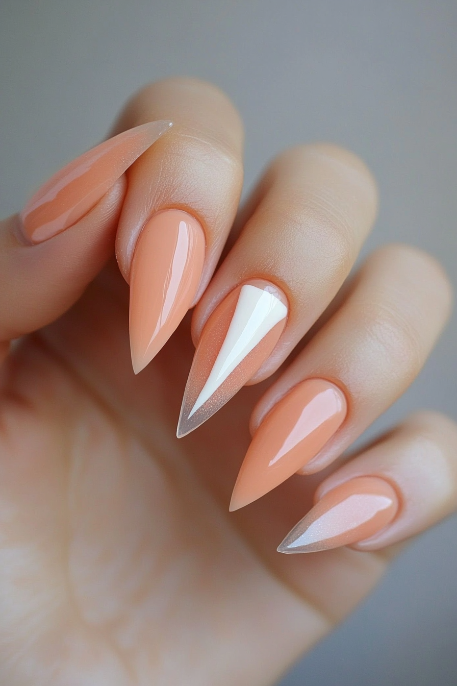 7. Peach and Clear Geometric Design (Peach Nail Design Ideas) - Peach Nail Design Ideas