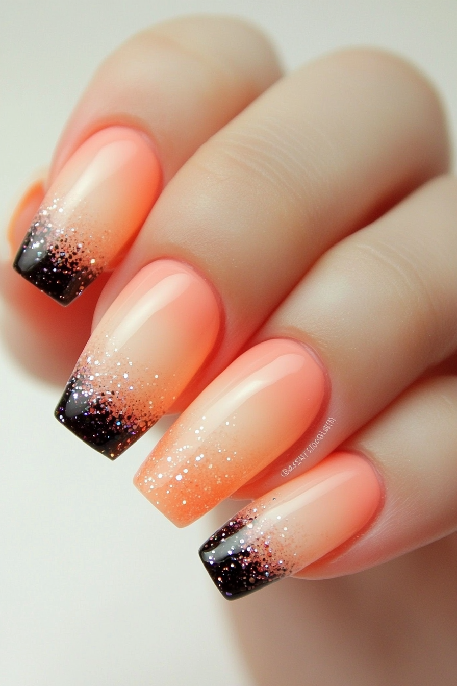 8. Peach Gradient with Glitter Tips (Peach Nail Design Ideas) - Peach Nail Design Ideas
