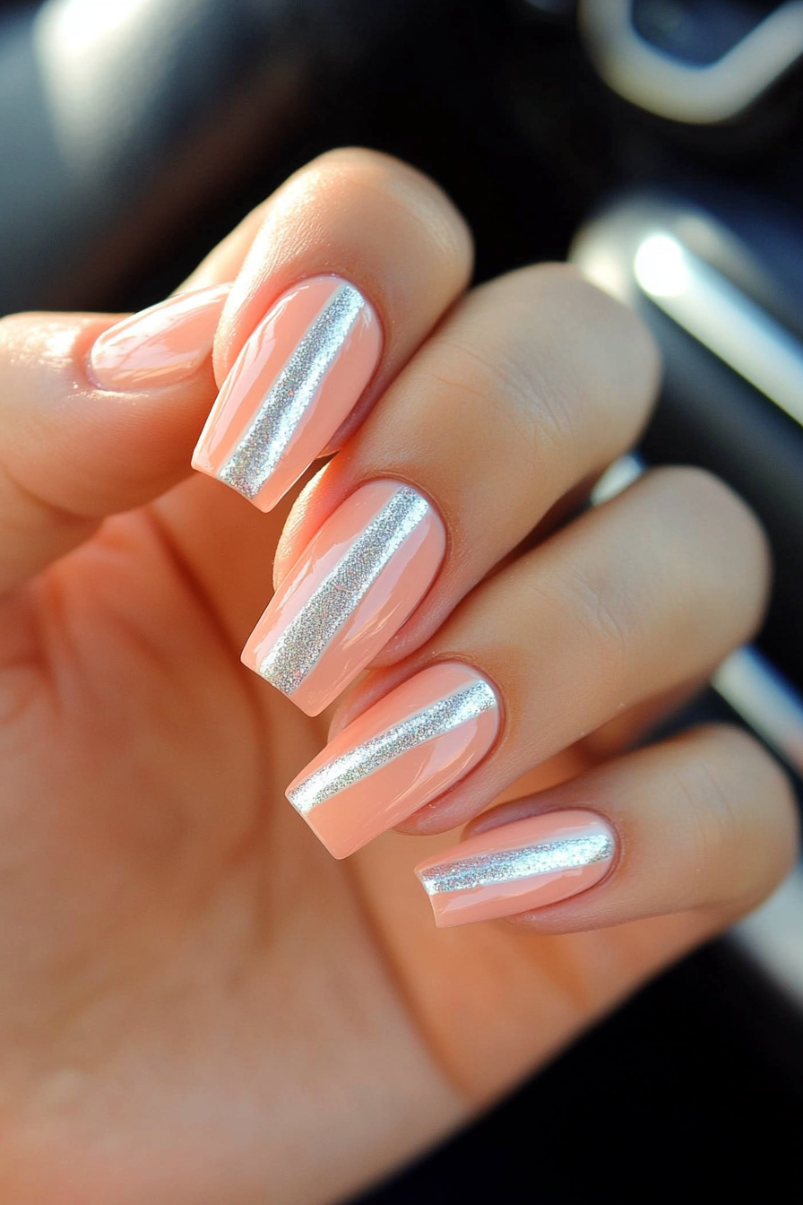 10. Peach with Silver Stripes (Peach Nail Design Ideas) - Peach Nail Design Ideas