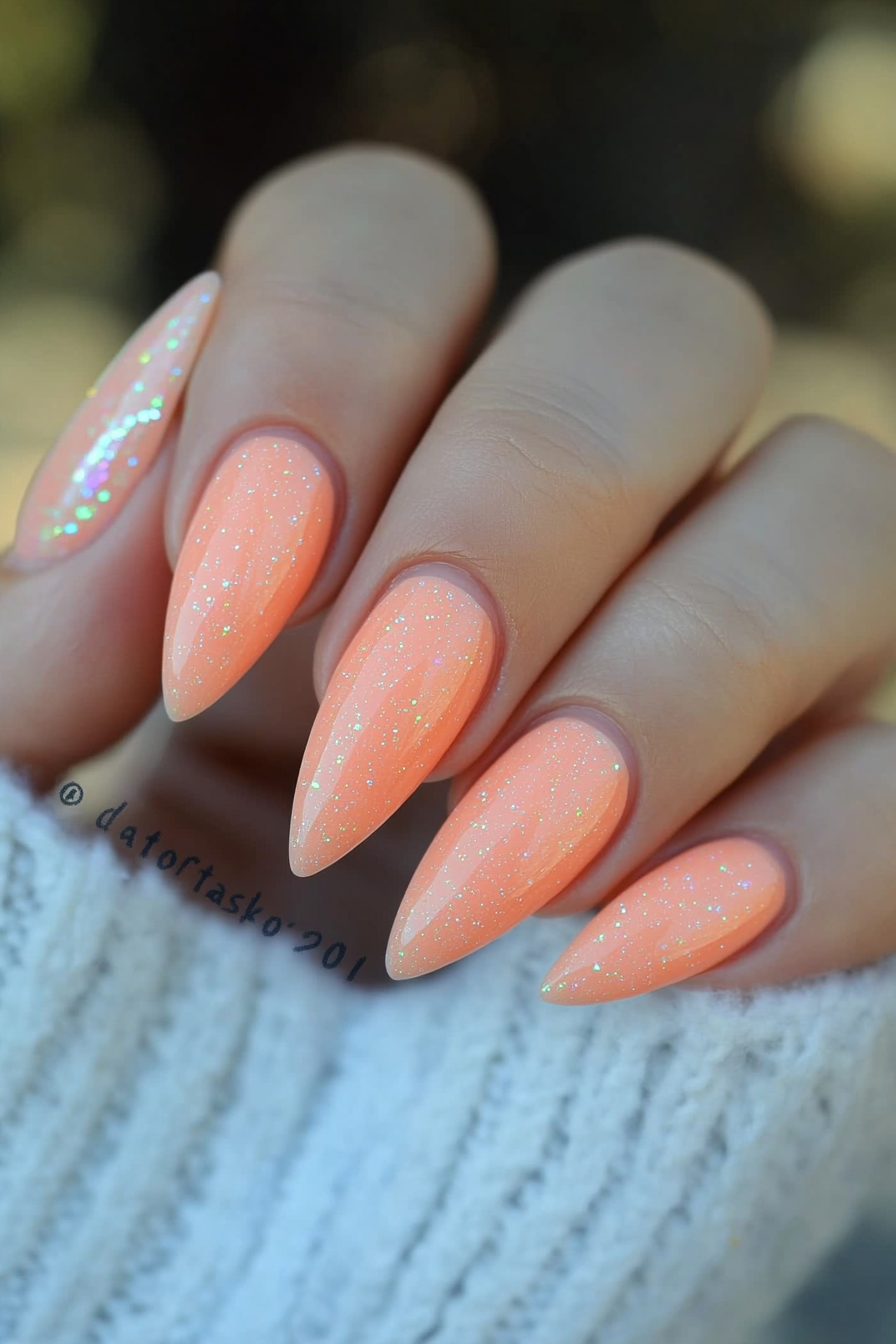 11. Peach Stiletto Nails (Peach Nail Design Ideas) - Peach Nail Design Ideas