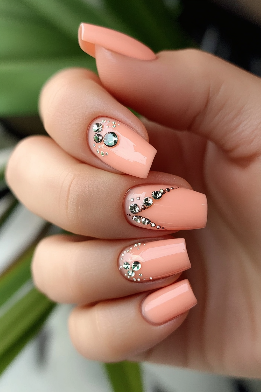 13. Peach with Rhinestone Accents (Peach Nail Design Ideas) - Peach Nail Design Ideas