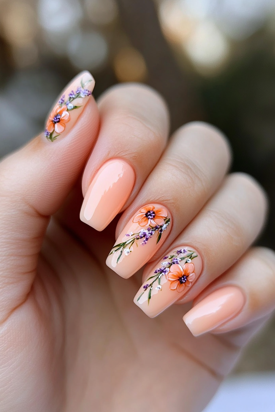 14. Peach and Lavender Floral Design (Peach Nail Design Ideas) - Peach Nail Design Ideas